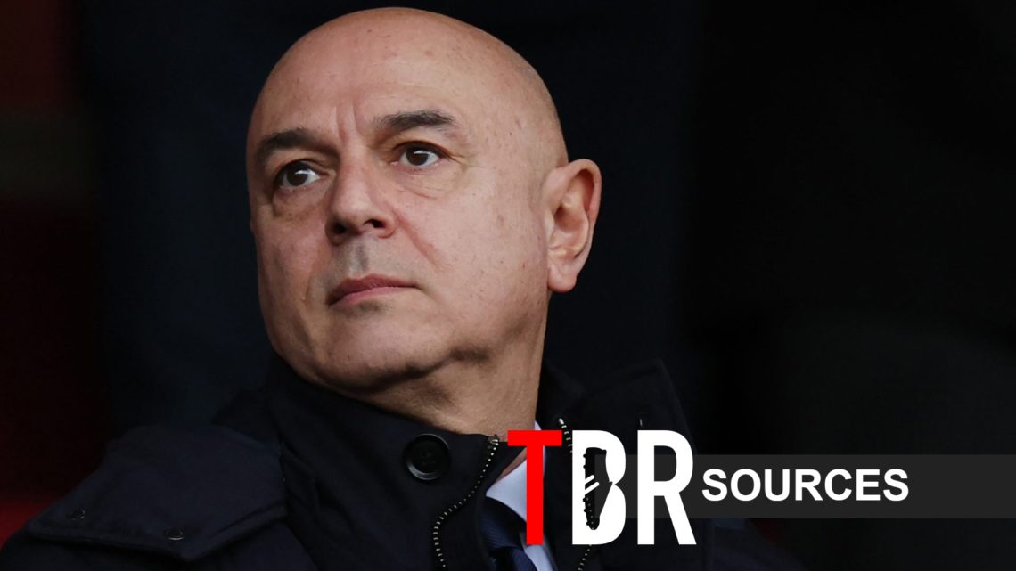 Image of Daniel Levy looking on during a Tottenham game, overlaid a TBR Sources banner