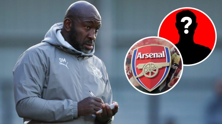 Darren Moore looks on during a Port Vale game alongside a mystery player inset and an Arsenal badge