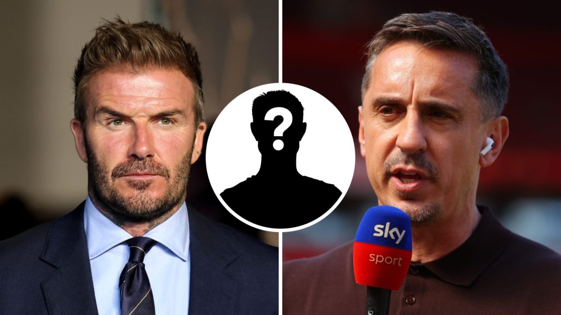 A split image of David Beckham arriving for Al Ahly v Inter Miami (L), and Gary Neville on punditry duty before Manchester United v Arsenal (R)