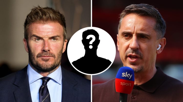 A split image of David Beckham arriving for Al Ahly v Inter Miami (L), and Gary Neville on punditry duty before Manchester United v Arsenal (R)