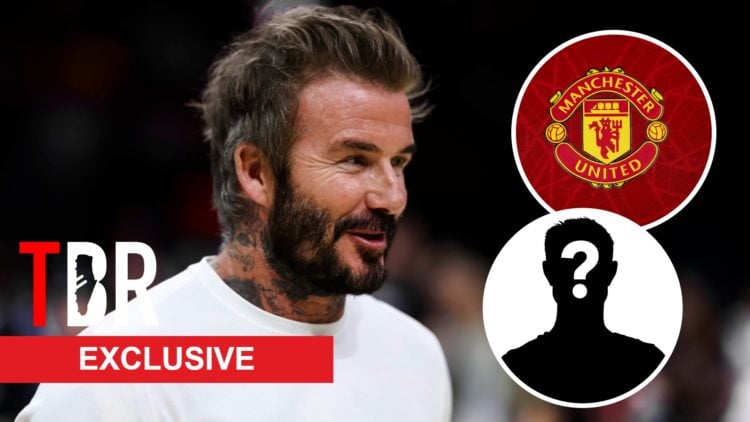 David Beckham. Inset of Manchester United badge and a mystery player.