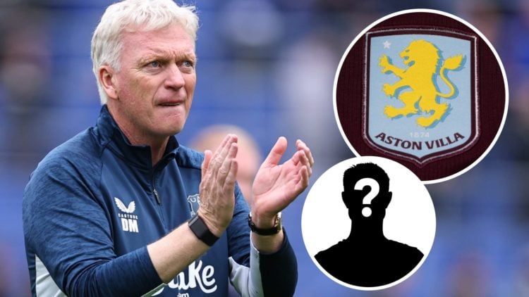 David Moyes, Aston Villa badge (inset, top), mystery player (inset, bottom)