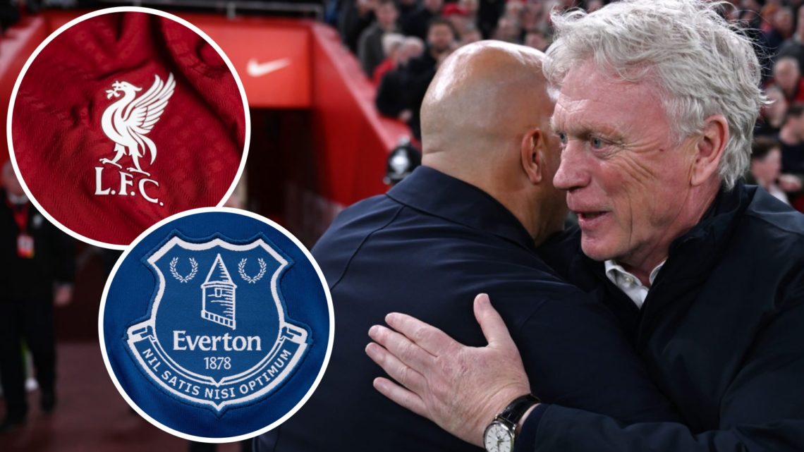 David Moyes, Liverpool badge (inset, top), Everton badge (inset, bottom)