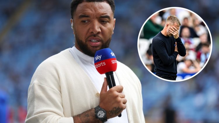 Troy Deeney on punditry duties for Sky Sports, alongside an inset of West Ham manager Graham Potter putting his head in his hands