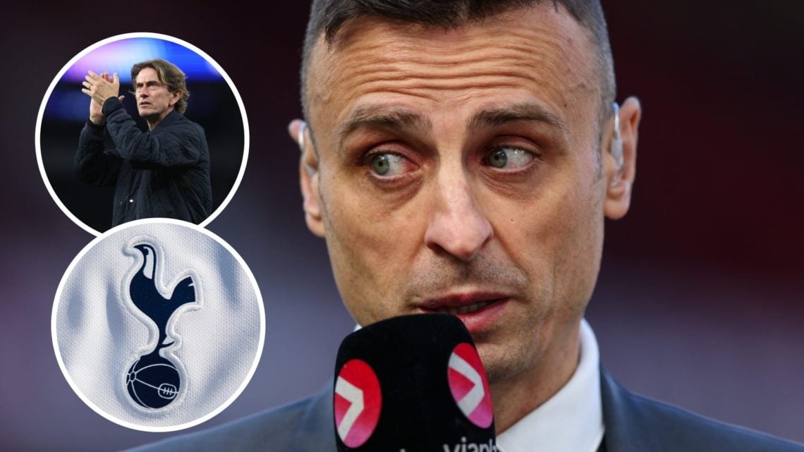 Dimitar Berbatov working as pundit. Inset of Thomas Frank and Tottenham Hotspur badge.