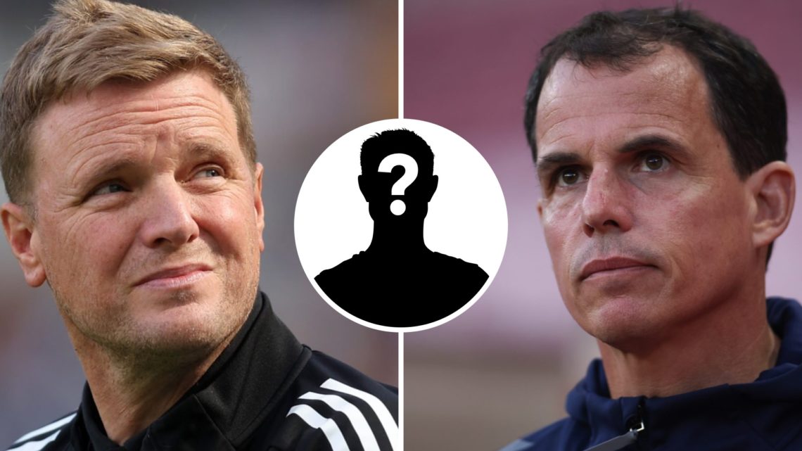 Eddie Howe and Regis Le Bris split image with mystery overlay