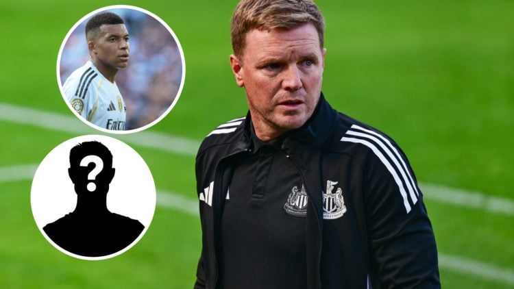 Eddie Howe managing Newcastle (right) with overlayed images of Kylian Mbappe and a mystery player (left)