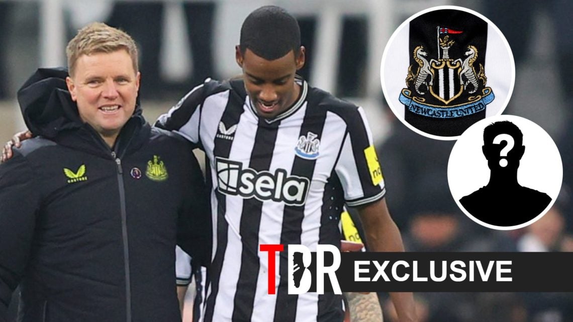 Eddie Howe and Alexander Isak, Newcastle badge (inset, top), mystery player (inset, bottom)