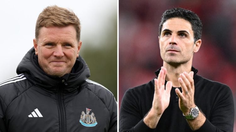 A split image featuring Eddie Howe of Newcastle alongside Arsenal manager Mikel Arteta