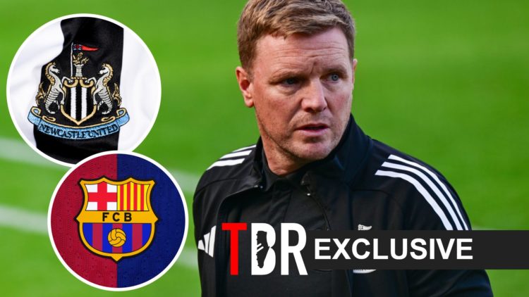 Eddie Howe, Newcastle badge (inset, top), Barcelona badge (inset, bottom)