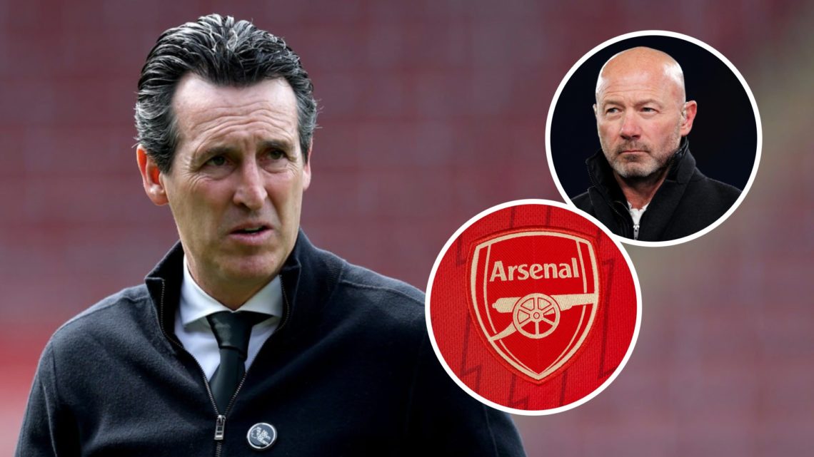 Former Arsenal boss Unai Emery alongside the club's badge and an inset of Alan Shearer.