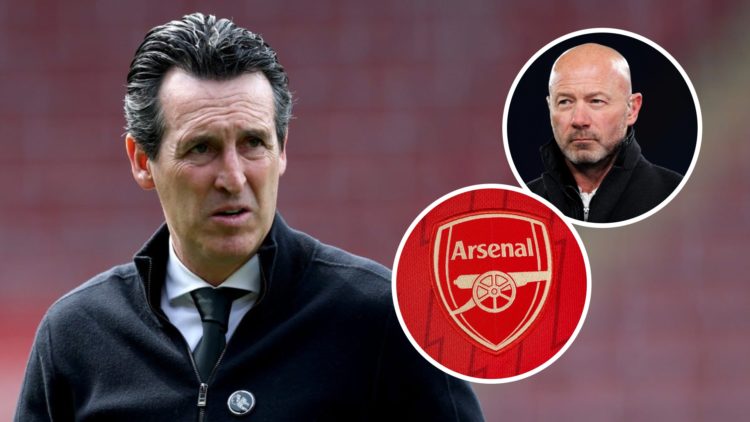 Former Arsenal boss Unai Emery alongside the club's badge and an inset of Alan Shearer.
