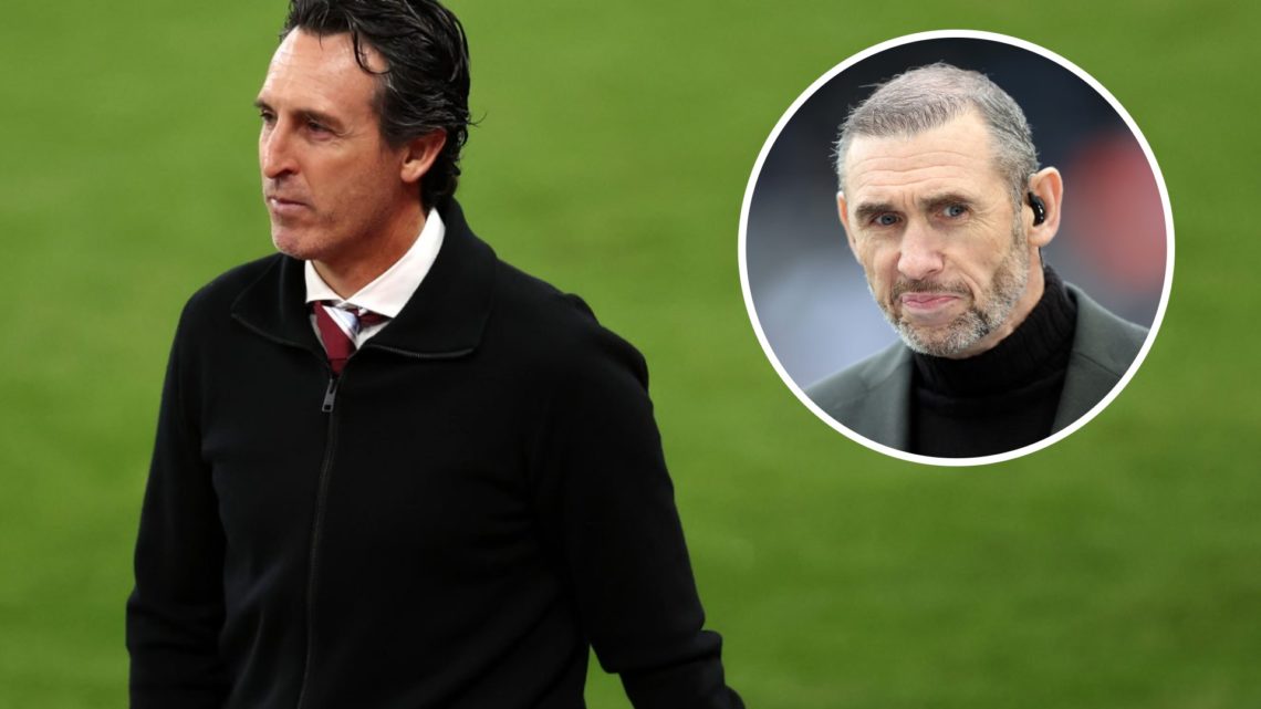 Unai Emery reacts after Aston Villa's defeat against Crystal Palace, alongside an inset of Martin Keown