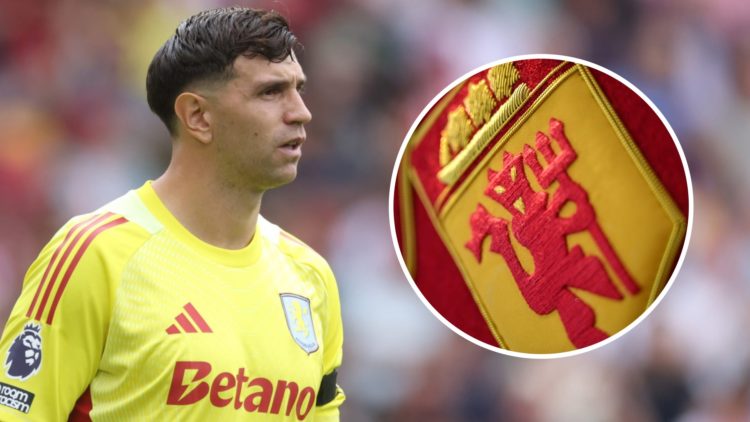 Emi Martinez (left) and Manchester United badge (right)