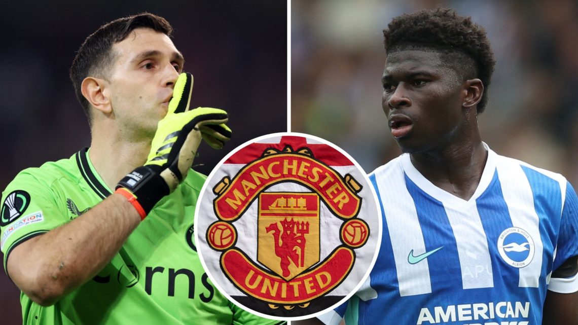 Emiliano Martinez, Carlos Baleba, Manchester United badge (inset)