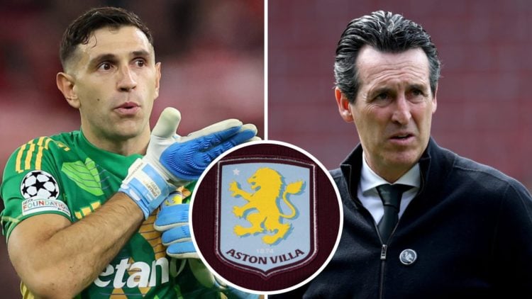 Emiliano Martinez, Unai Emery, Aston Villa badge (inset)