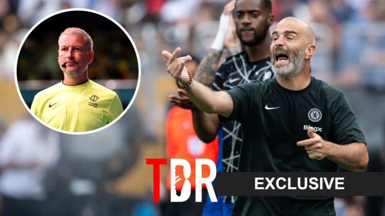 Enzo Maresca screaming at Chelsea from the touchline (right) with Mark Clattenburg refereeing overlayed (left)