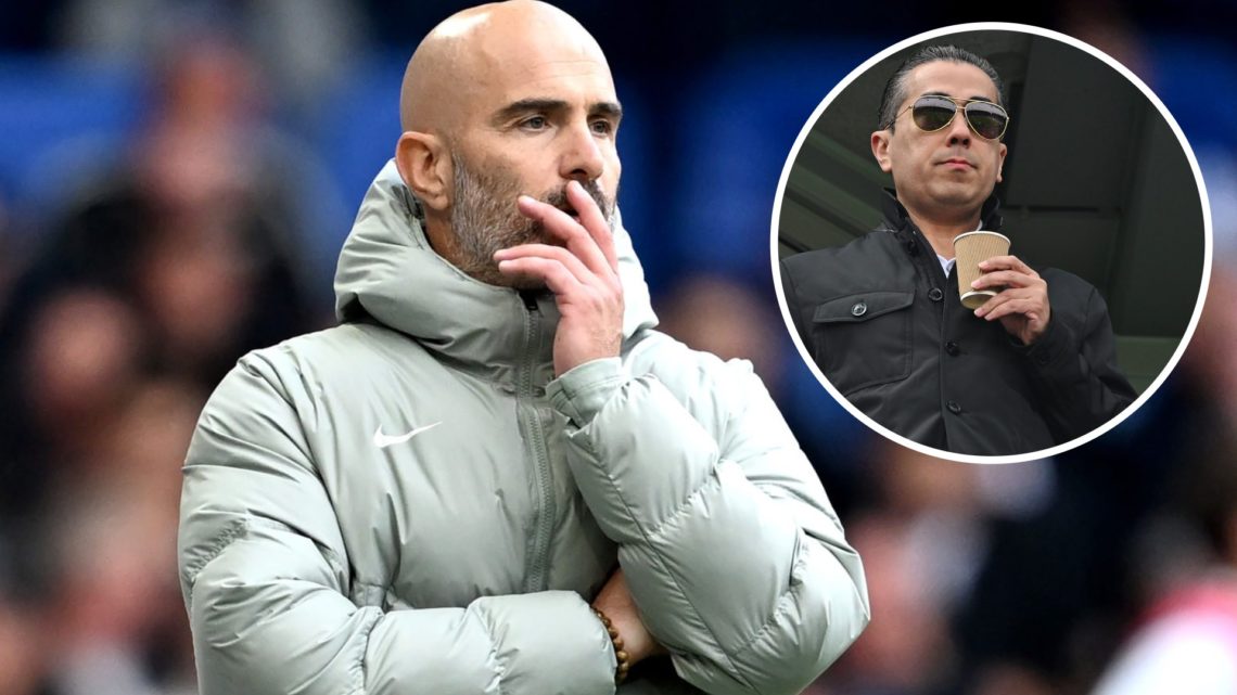 Chelsea head coach Enzo Maresca looks on from the touchline during his side's loss against Brighton, alongside an inset of co-owner Behdad Eghbali ...