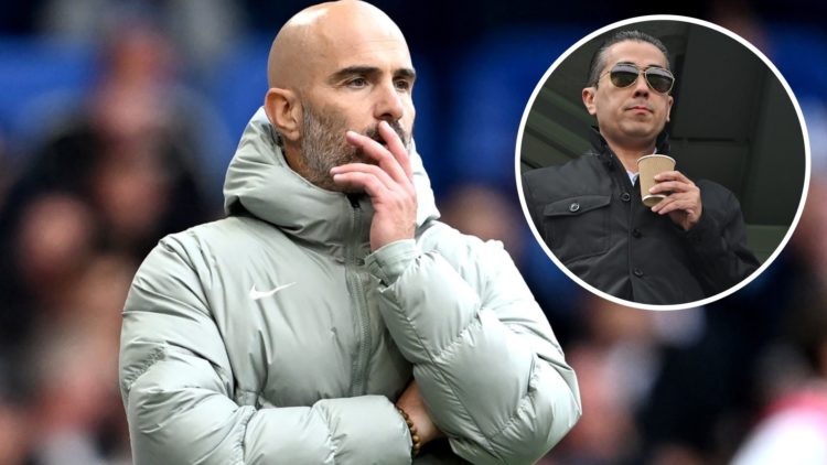 Chelsea head coach Enzo Maresca looks on from the touchline during his side's loss against Brighton, alongside an inset of co-owner Behdad Eghbali ...