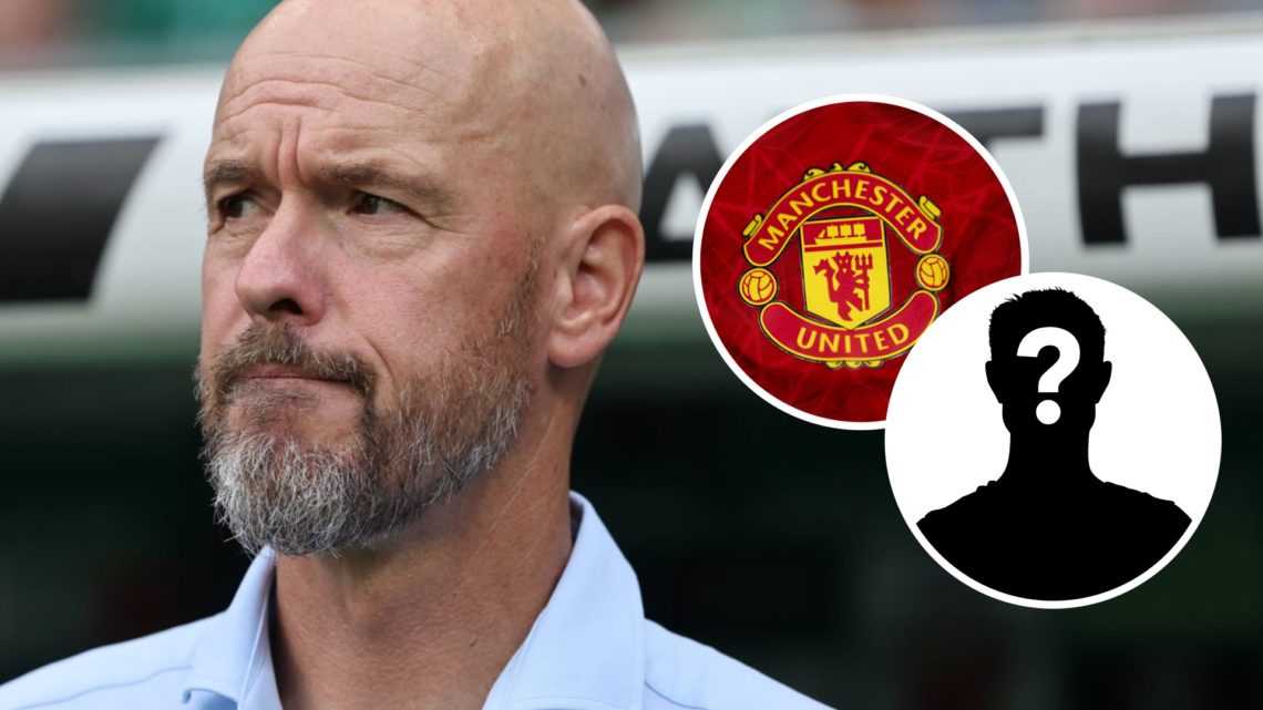 Erik ten Hag looks on (left) and a Man United badge with a mystery overlay (right)