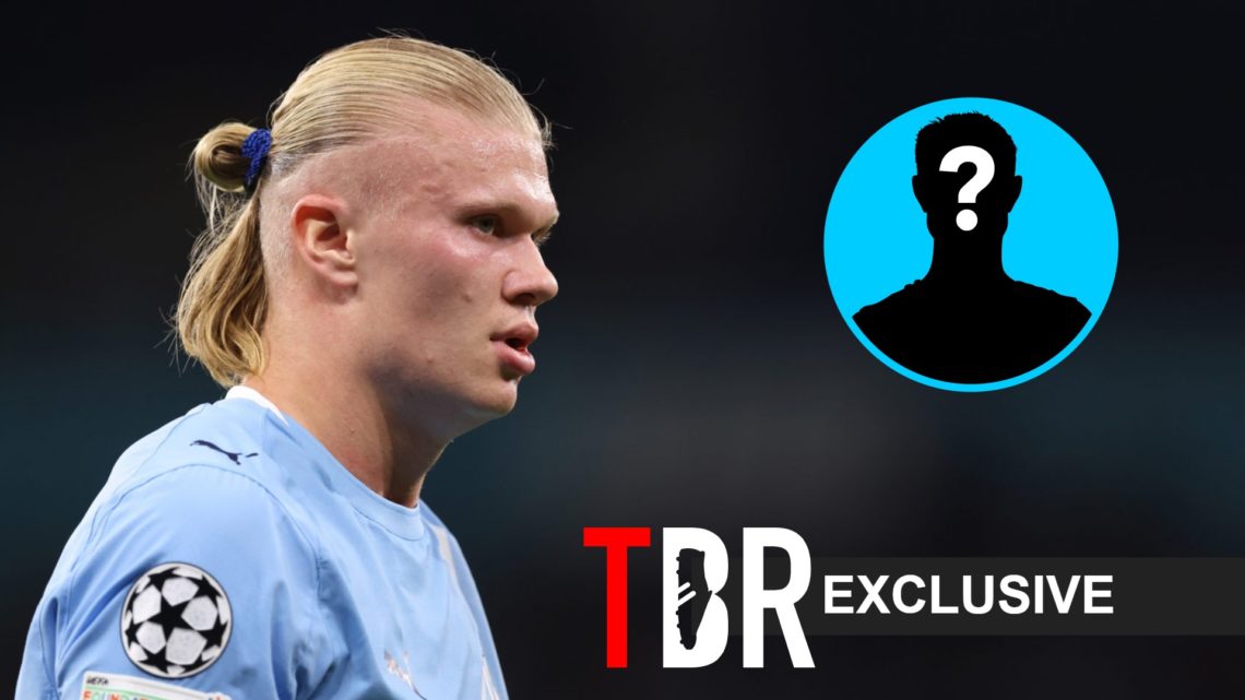 Erling Haaland looks on during a Manchester City match alongside a TBR Football exclusive banner and a mystery player inset