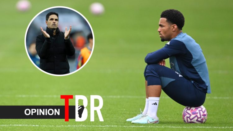 An image of Ethan Nwaneri looking on during Arsenal training alongside an inset of Mikel Arteta