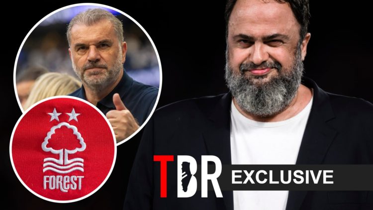 Evangelos Marinakis, Ange Postecoglou (inset, top), Nottingham Forest badge (inset, bottom)