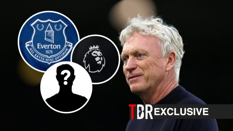 David Moyes looks on before a Premier League clash between Leeds and Everton, TBR logo, exclusive label, mystery figure, Everton badge and Premier ...