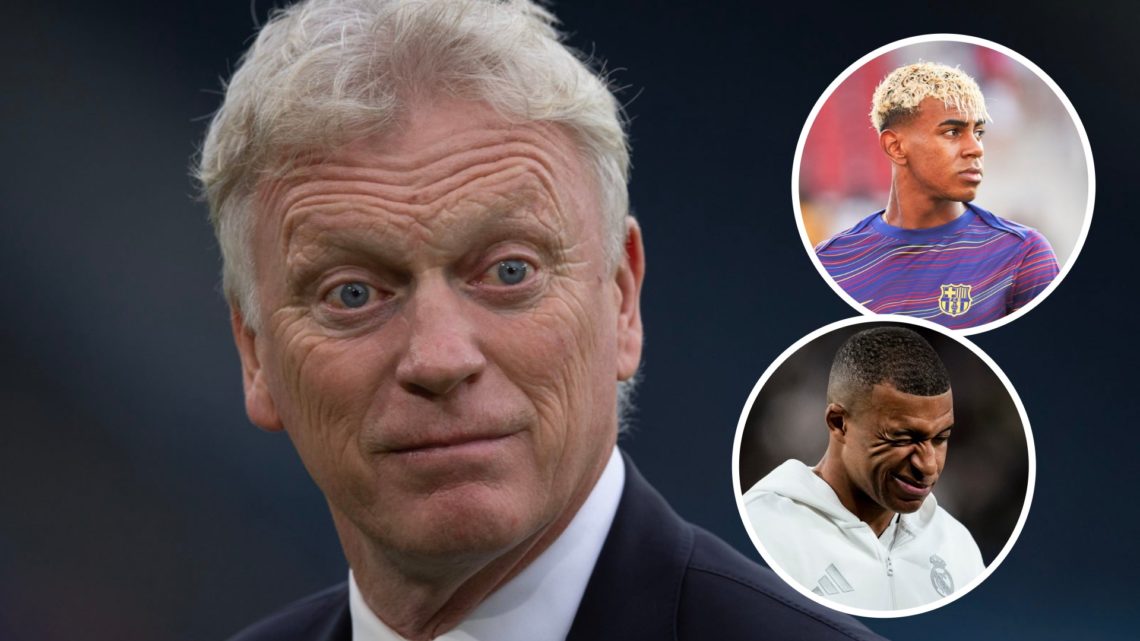 Everton manager David Moyes ahead of Premier League match. Inset of Kylian Mbappe and Lamine Yamal.