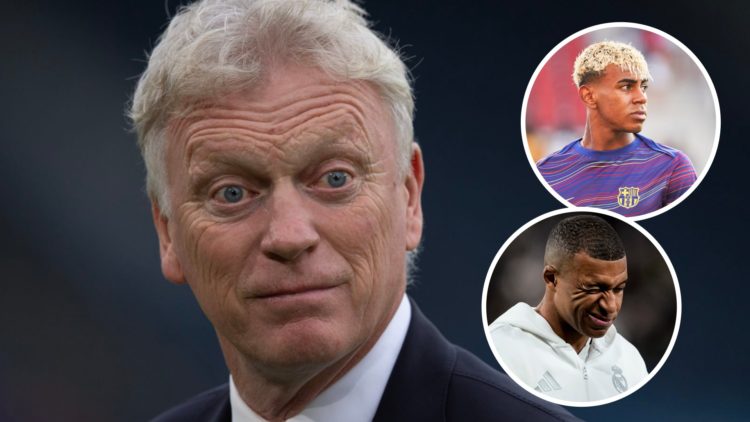 Everton manager David Moyes ahead of Premier League match. Inset of Kylian Mbappe and Lamine Yamal.