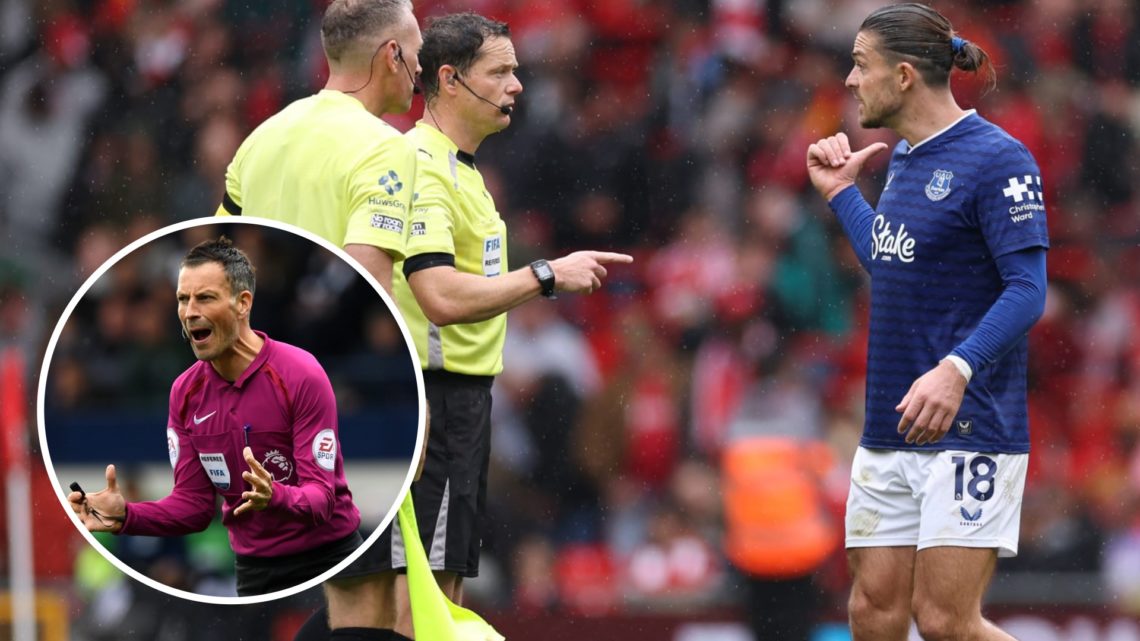 Everton winger Jack Grealish complains to Darren England after Merseyside derby defeat to Liverpool. Inset of Mark Clattenburg.