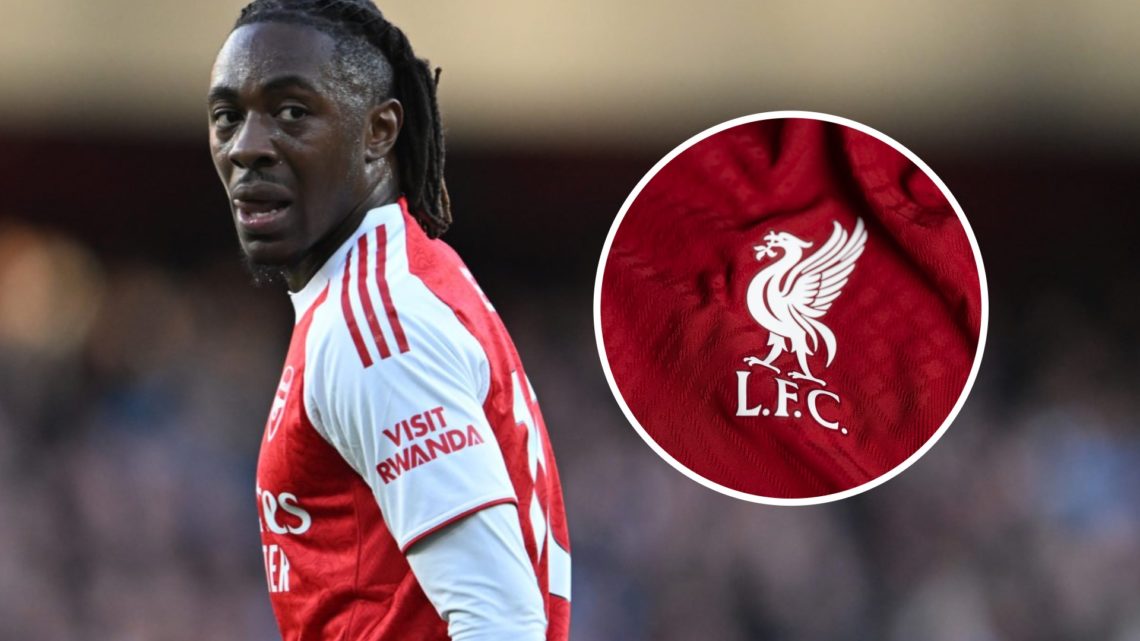 Arsenal midfielder Eberechi Eze alongside a Liverpool badge.