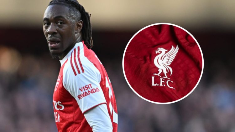 Arsenal midfielder Eberechi Eze alongside a Liverpool badge.