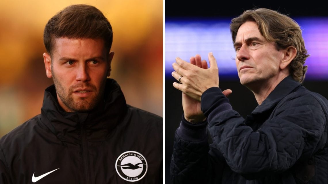A split image featuring Fabian Hurzeler of Brighton and Hove Albion alongside Tottenham manager Thomas Frank