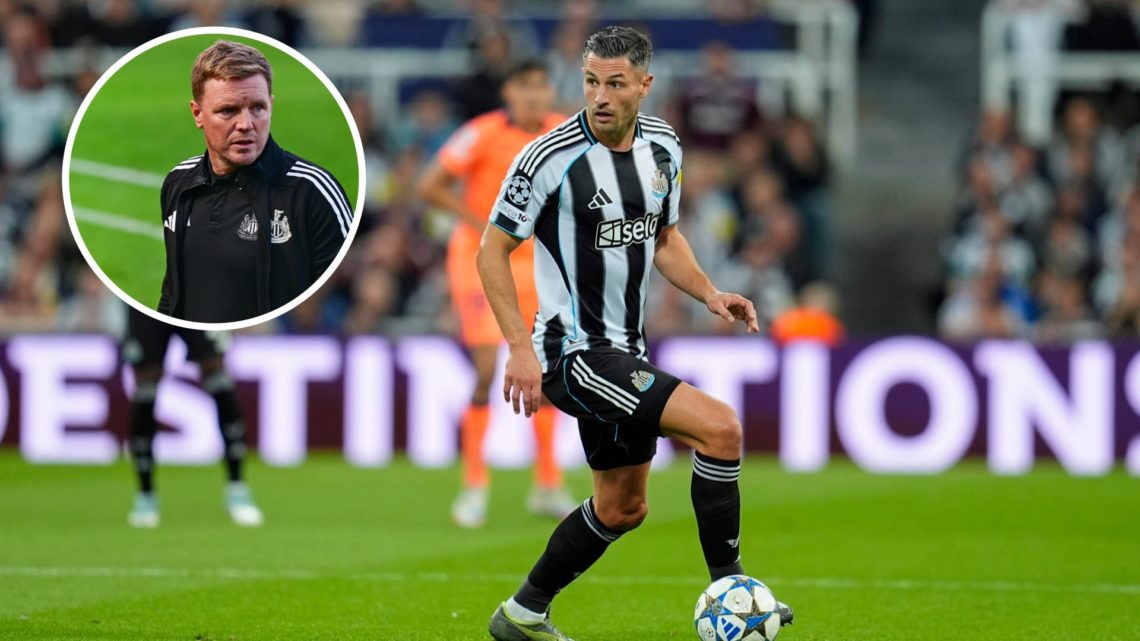 Fabian Schar playing for Newcastle (right) with Eddie Howe watching on in an overlayed image (left)