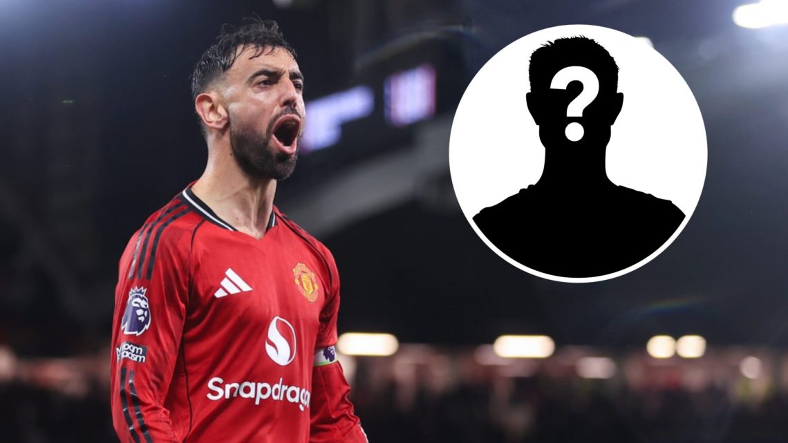 Manchester United captain Bruno Fernandes celebrates against Chelsea, alongside an inset of a white mystery player silhouette