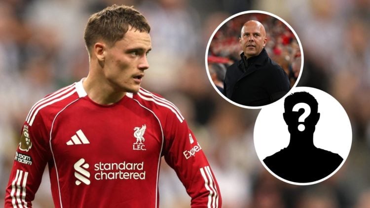 Florian Wirtz of Liverpool looks on during the Premier League match between Newcastle United and Liverpool at St James' Park (Left) Arne Slot, Mana...
