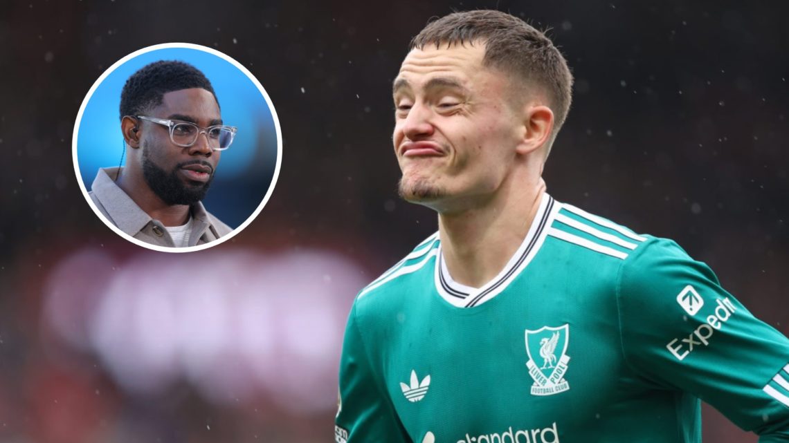 Florian Wirtz of Liverpool reacts during the Premier League match between Burnley and Liverpool at Turf Moor (Right) Sky Sports pundit Micah Richar...