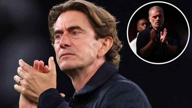 Thomas Frank applauds supporters after Tottenham's win against Villarreal, alongside an inset of Nottingham Forest boss Ange Postecoglou
