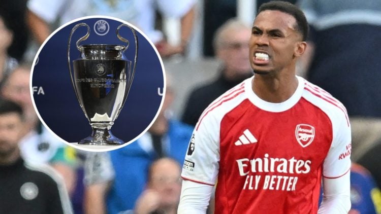 An image featuring Gabriel Magalhaes celebrating for Arsenal alongside the Champions League trophy