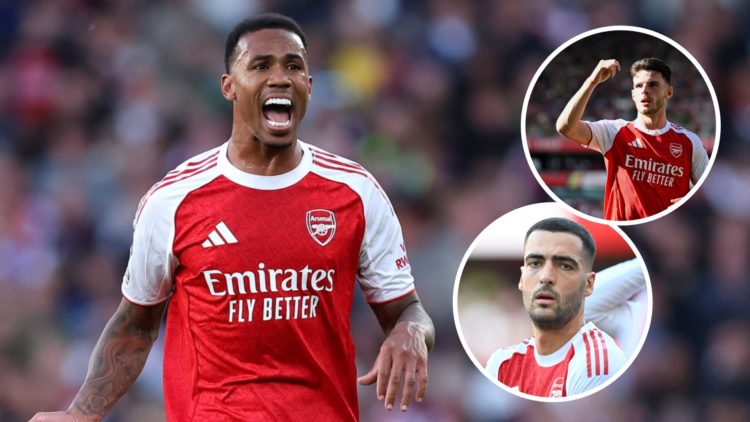 Gabriel of Arsenal during the Premier League match between Arsenal and Manchester City at Emirates Stadium (Left) Declan Rice of Arsenal reacts dur...
