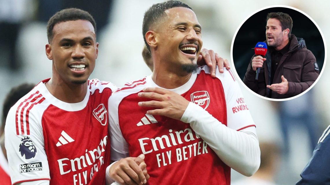 Gabriel Magalhaes and William Saliba celebrate Arsenal win vs Newcastle. Inset of Jamie Redknapp.