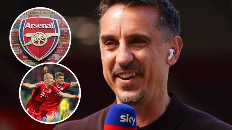 Gary Neville working for Sky Sports. Inset of Arsenal badge and Arjen Robben.