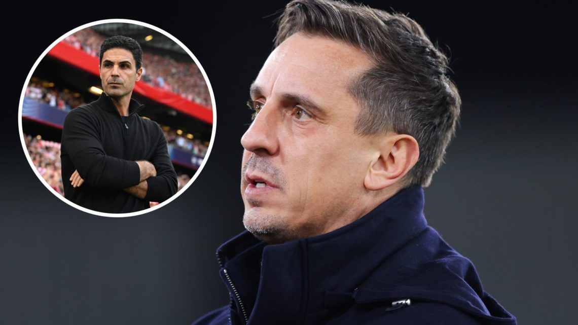 A split image featuring Gary Neville during a match alongside Arsenal manager Mikel Arteta applauding