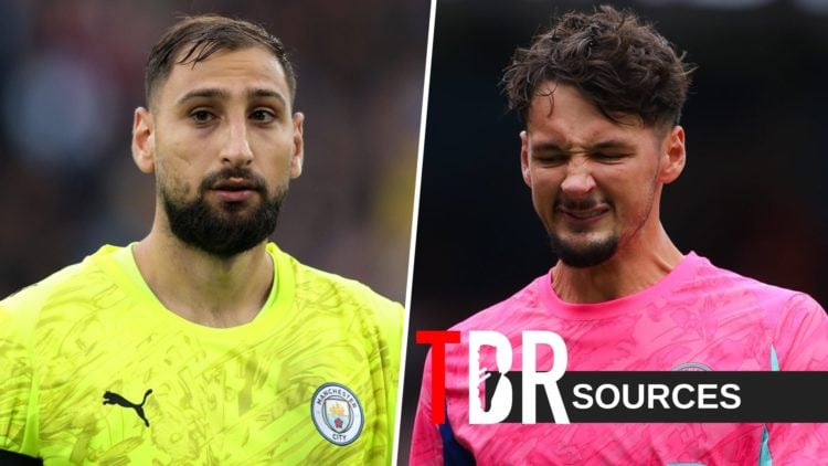 Gianluigi Donnarumma of Manchester City looks on prior to the Premier League match between Manchester City and Manchester United at Etihad Stadium ...
