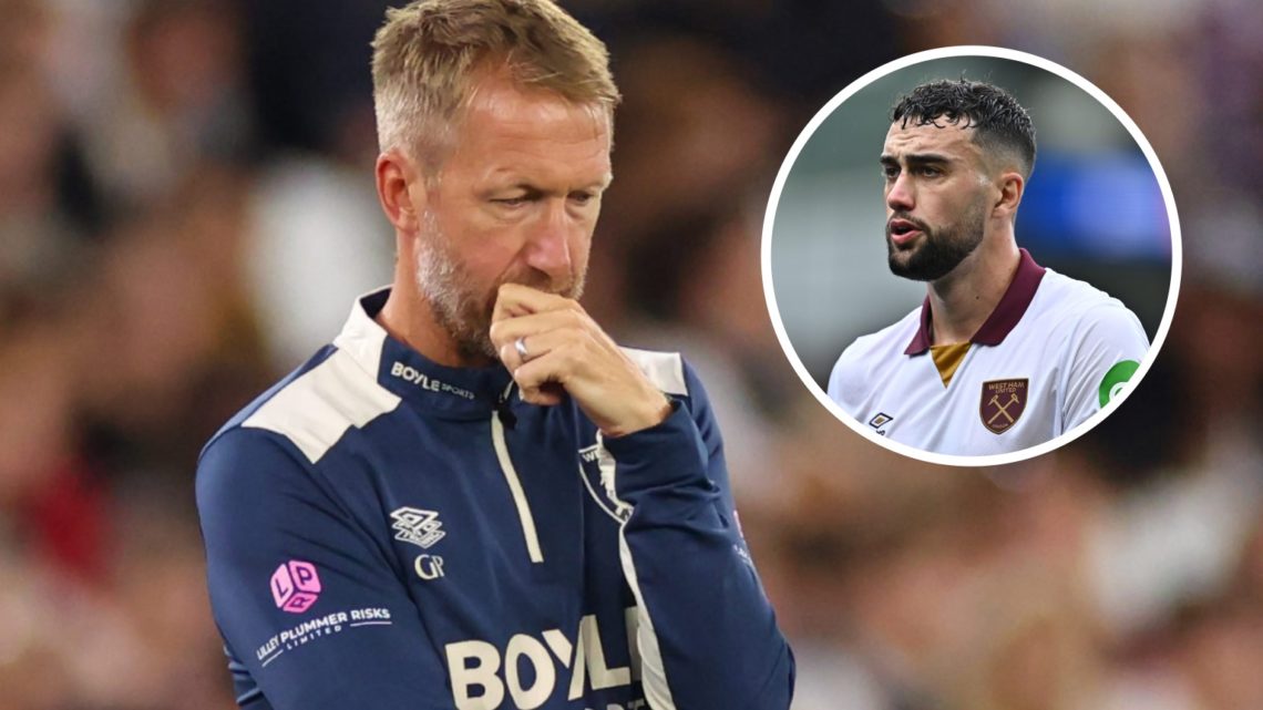 Graham Potter looks dejected as West Ham United boss (left) with Max Kilman playing for West Ham overlayed (right)