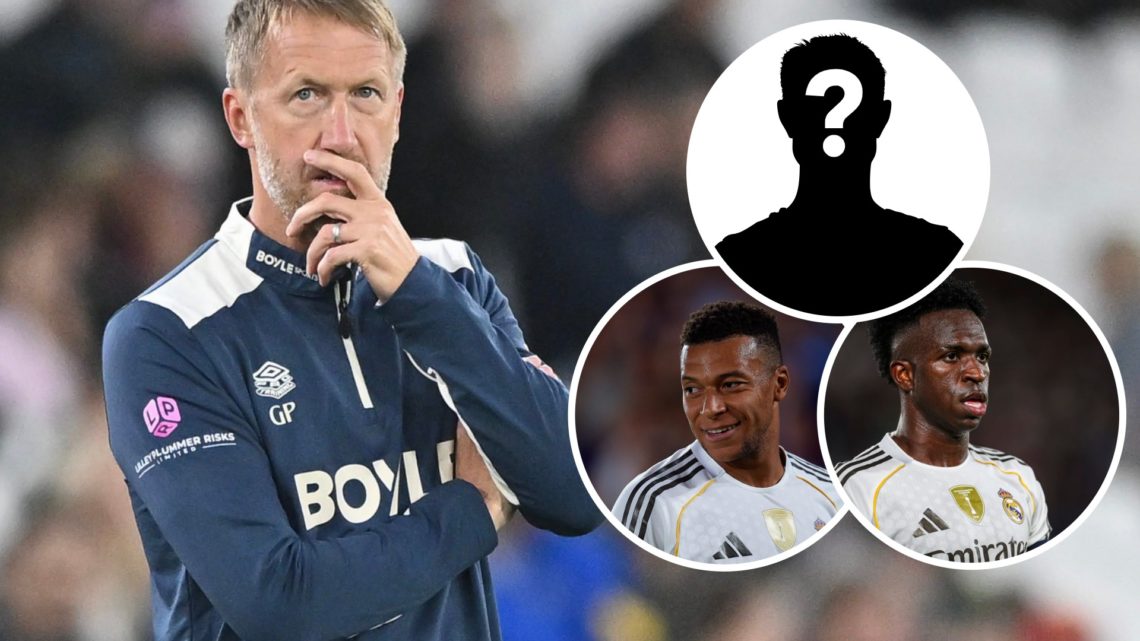 West Ham boss Graham Potter reacts on the touchline, alongside insets of Real Madrid forwards Kylian Mbappe and Vinicius Junior in action, and a wh...