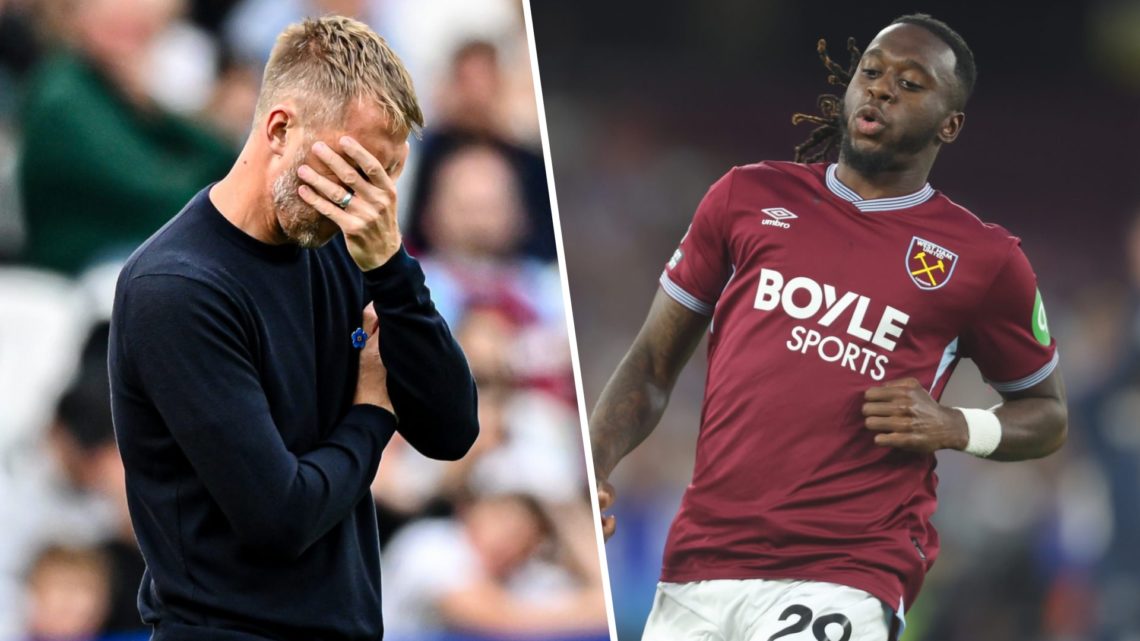 Graham Potter, former manager of West Ham, holds his face during the Premier League match between West Ham United and Crystal Palace at the London ...