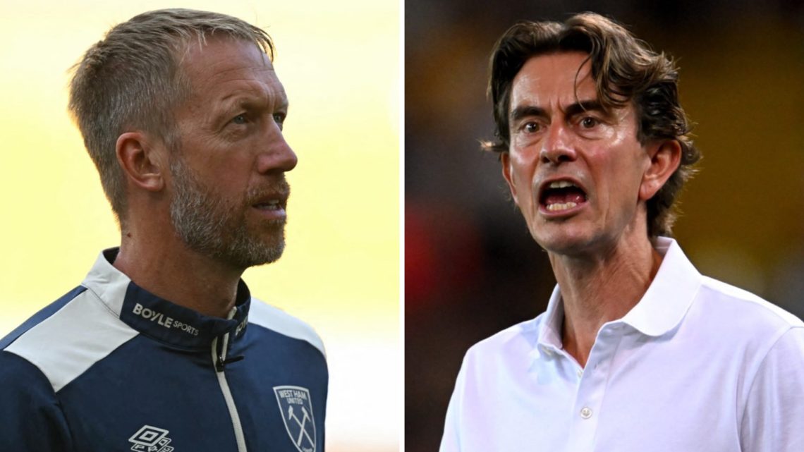 A split image featuring West Ham boss Graham Potter alongside Tottenham manager Thomas Frank