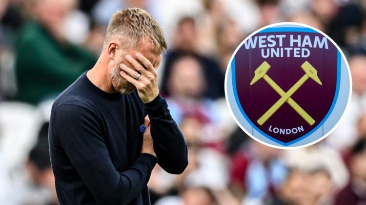 Graham Potter reacts during a West Ham match alongside a badge